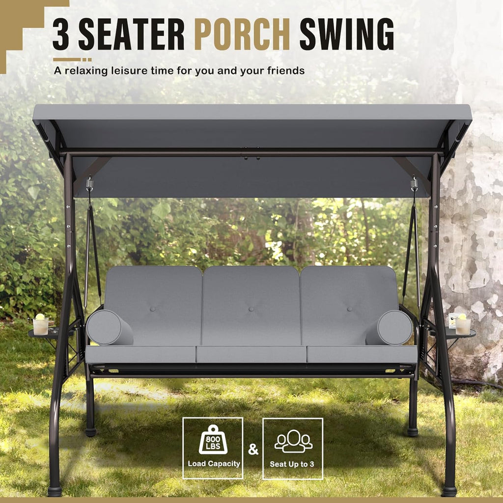 Betterland 3-Seat Patio Swing Chair, Outdoor Porch Swing with Cushions,Pillows & Cup Holders, Adjustable Canopy Outside Bench Swing for Backyard, Garden, Porch (Grey)