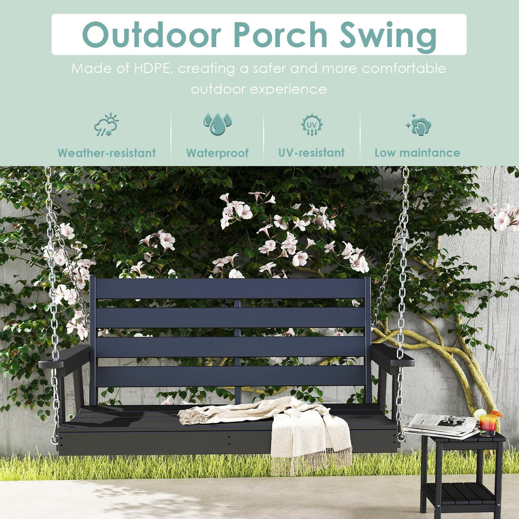 IVY&LANE Outdoor Porch Swing | HDPE Plastic | 2-Person | Hanging Bench Swings | Weatherproof | 4 Stainless Steel Chains | Black | for Outside Patio Garden Backyard Tree