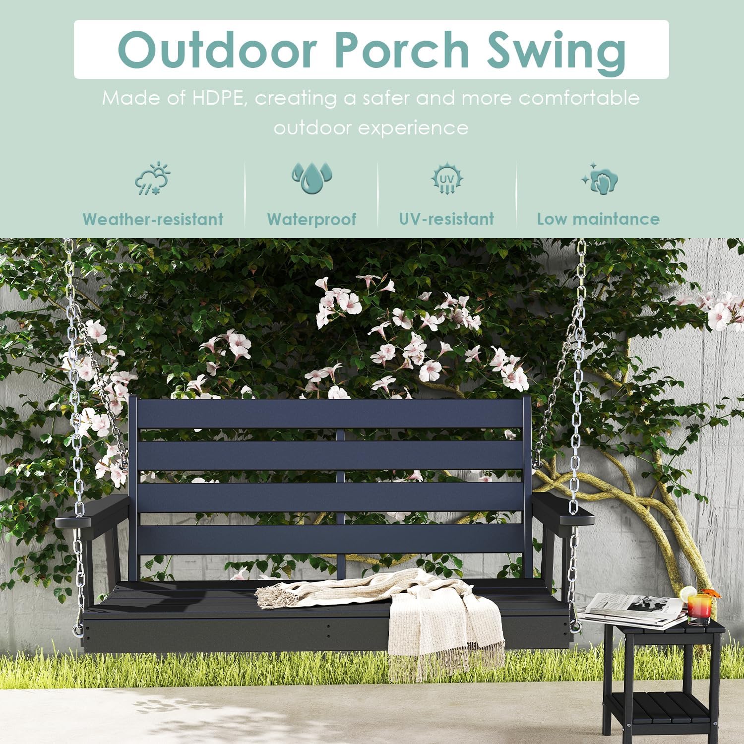 IVY&LANE Outdoor Porch Swing | HDPE Plastic | 2-Person | Hanging Bench Swings | Weatherproof | 4 Stainless Steel Chains | Black | for Outside Patio Garden Backyard Tree