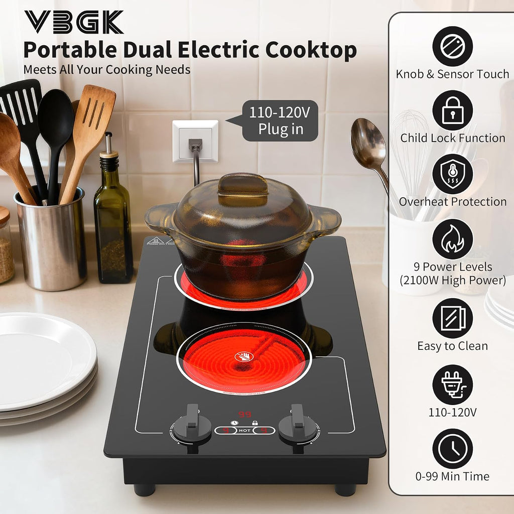 VBGK Electric Cooktop,110V 2100W electric Stove Top with Knob Control,Countertop/Built-in Design with 9 Power Levels,Kids Lock & Timer, Overheat Protection,and touch control 2 burner electric Cooktop.