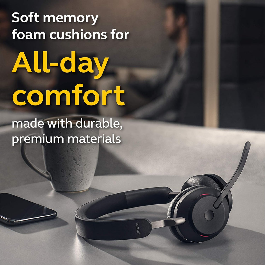 Jabra Evolve2 65 MS Wireless Headphones with Link380a, Stereo, Black – Wireless Bluetooth Headset for Calls and Music, 37 Hours of Battery Life, Passive Noise Cancelling Headphones