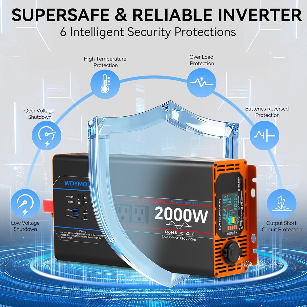 2000W Pure Sine Wave Inverter, Car Power Inverter 12V to 110V 120V, DC to AC Converter Generator with AC Outlets 3.0A USB Type-C, Remote Controller LCD Display Truck Inversor for Vehicles, RV