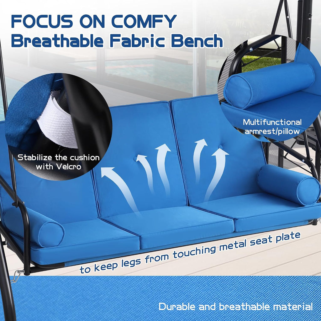 3 Seat Outdoor Porch Swings with Adjustable Canopy - Patio Porch Swing Glider Bench with Stand, Heavy Duty Swing Bed W/Cushions Pillows and Cup Holder for Backyard Garden Lawn Poolside (Blue)