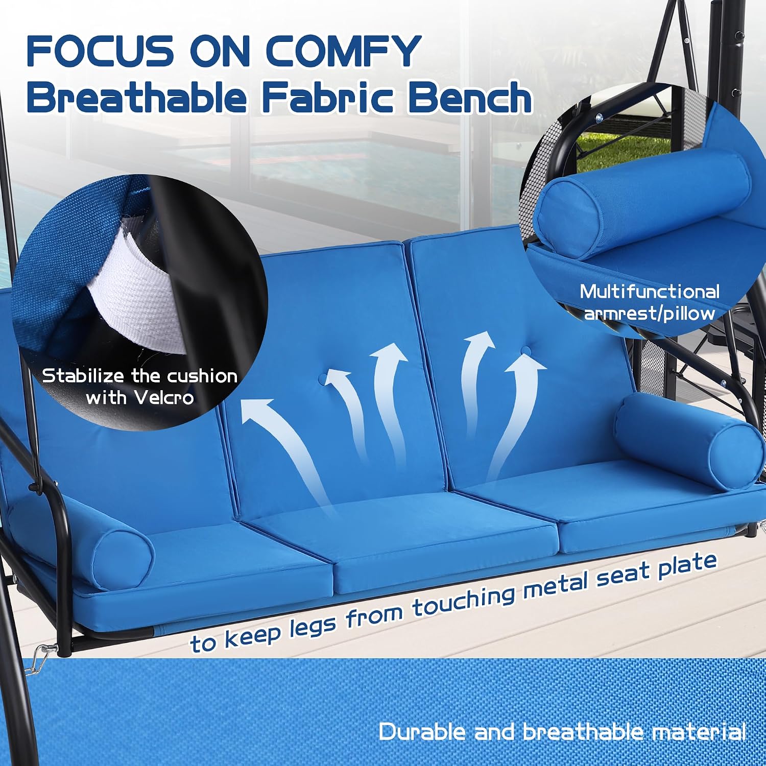 3 Seat Outdoor Porch Swings with Adjustable Canopy - Patio Porch Swing Glider Bench with Stand, Heavy Duty Swing Bed W/Cushions Pillows and Cup Holder for Backyard Garden Lawn Poolside (Blue)