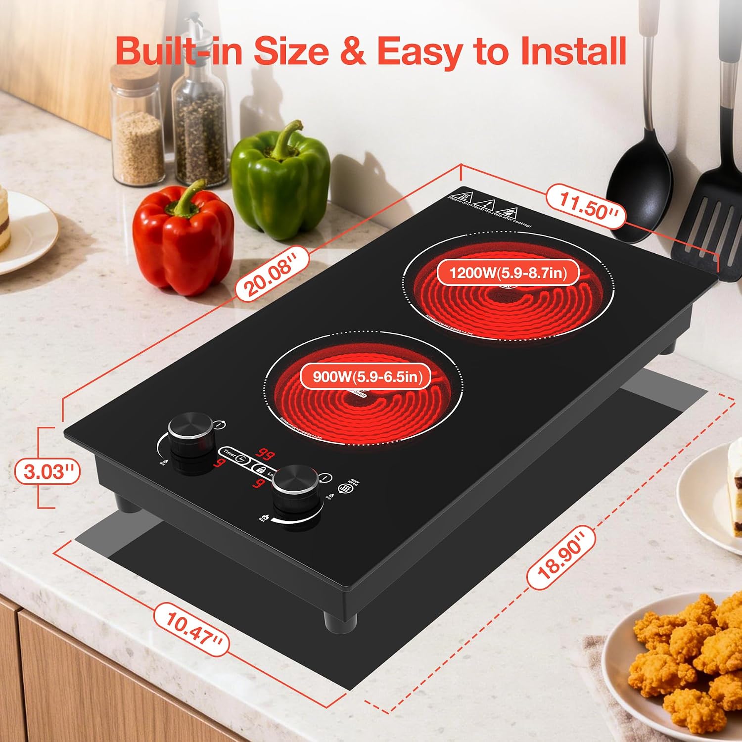 2 Burner Electric Cooktop, 12 Inch Built-in Ceramic Cooktop, 2100W Plug in Electric Stove Top with Knob Control, Keep Warm, 9 Heating Levels, Timer & Child Safety Lock, Over-Temperature Protection