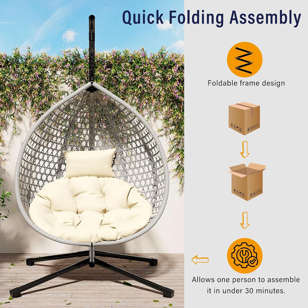 Single Hammock Chair with Stand Durable Hanging Egg Chair with Rattan Weaving, Indoor Outdoor Swing Chairs with Soft Removable Cushion for Balcony, Bedroom, Patio, or Garden, Grey+Beige