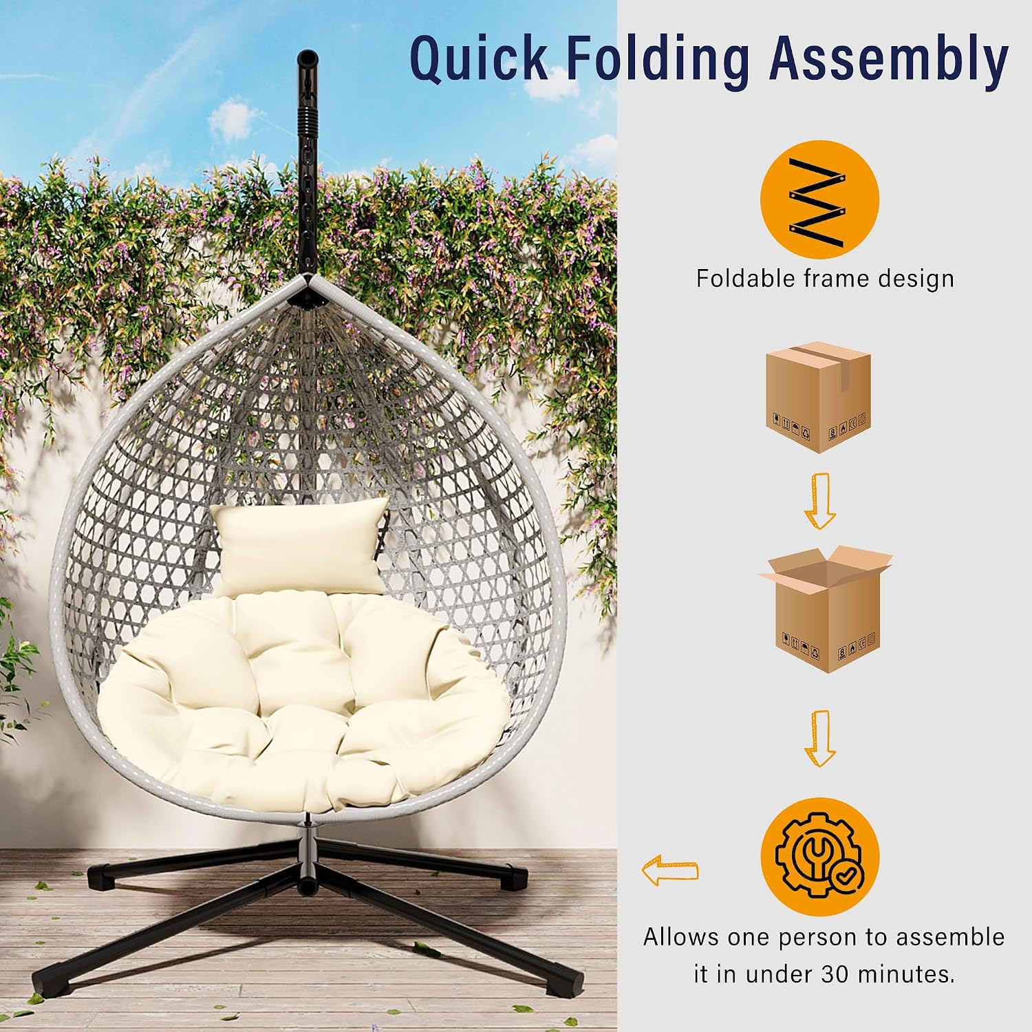 Single Hammock Chair with Stand Durable Hanging Egg Chair with Rattan Weaving, Indoor Outdoor Swing Chairs with Soft Removable Cushion for Balcony, Bedroom, Patio, or Garden, Grey+Beige