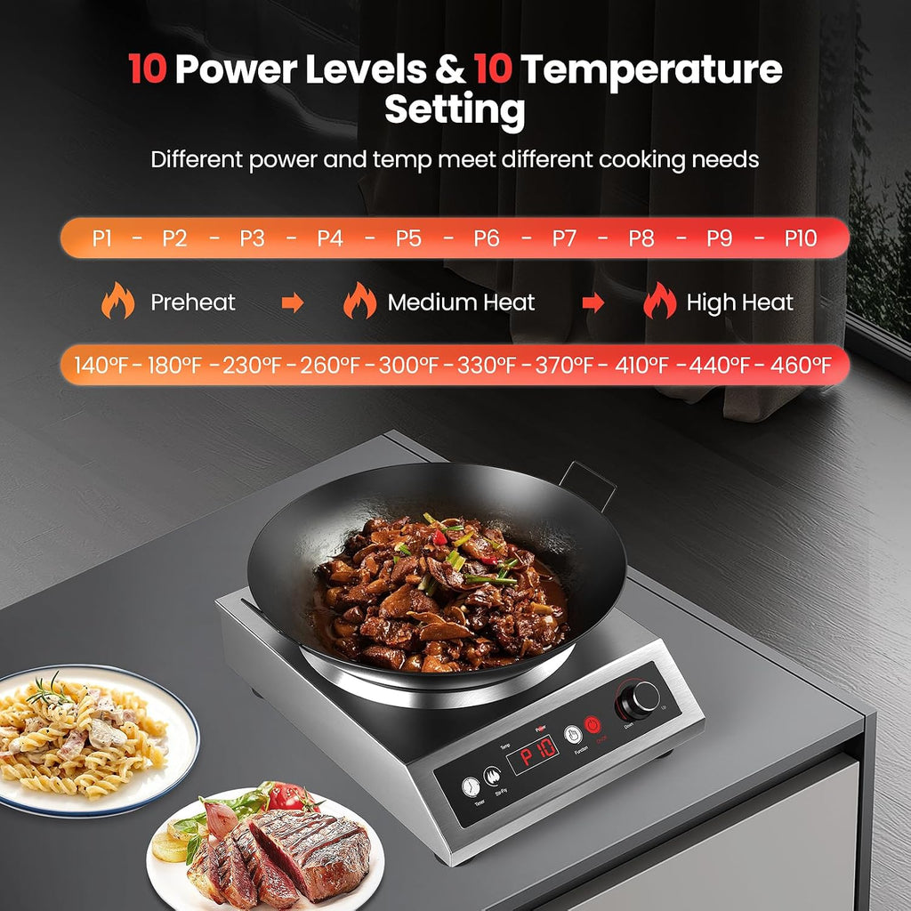 1800W Electric Wok Used For Home And Commercial,Induction Wok With Concave Surface Stainless Steel Strong Power Dual Control Mode 10 Power And Temp 24H Timer Induction Cooktop For Cooking