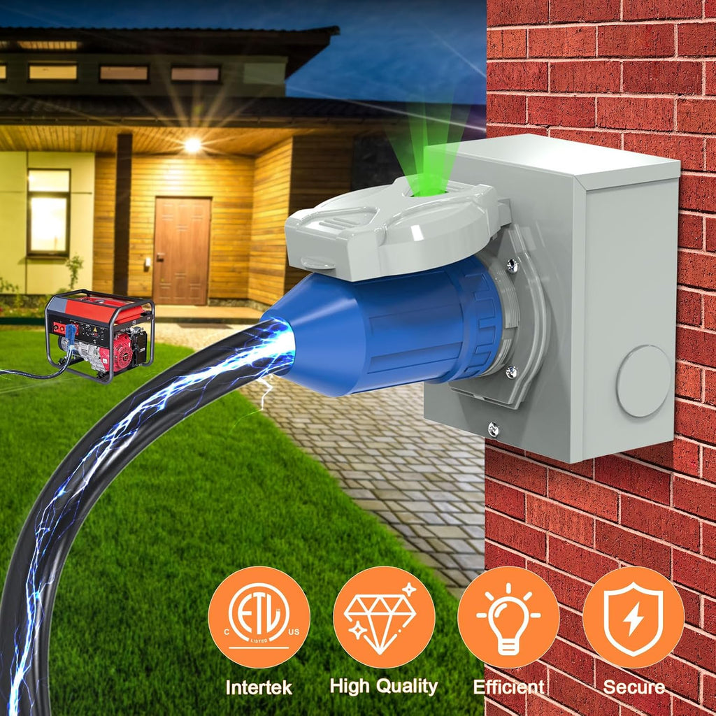 50 Amp Generator Cord and Power Inlet Box, 25FT 4 Prone RV Extension Cord, 125/250V NEMA 14-50P Male to SS2-50R Twist Locking Connector, STW 6/3+8/1 AWG, Transfer Switch for Home Generator