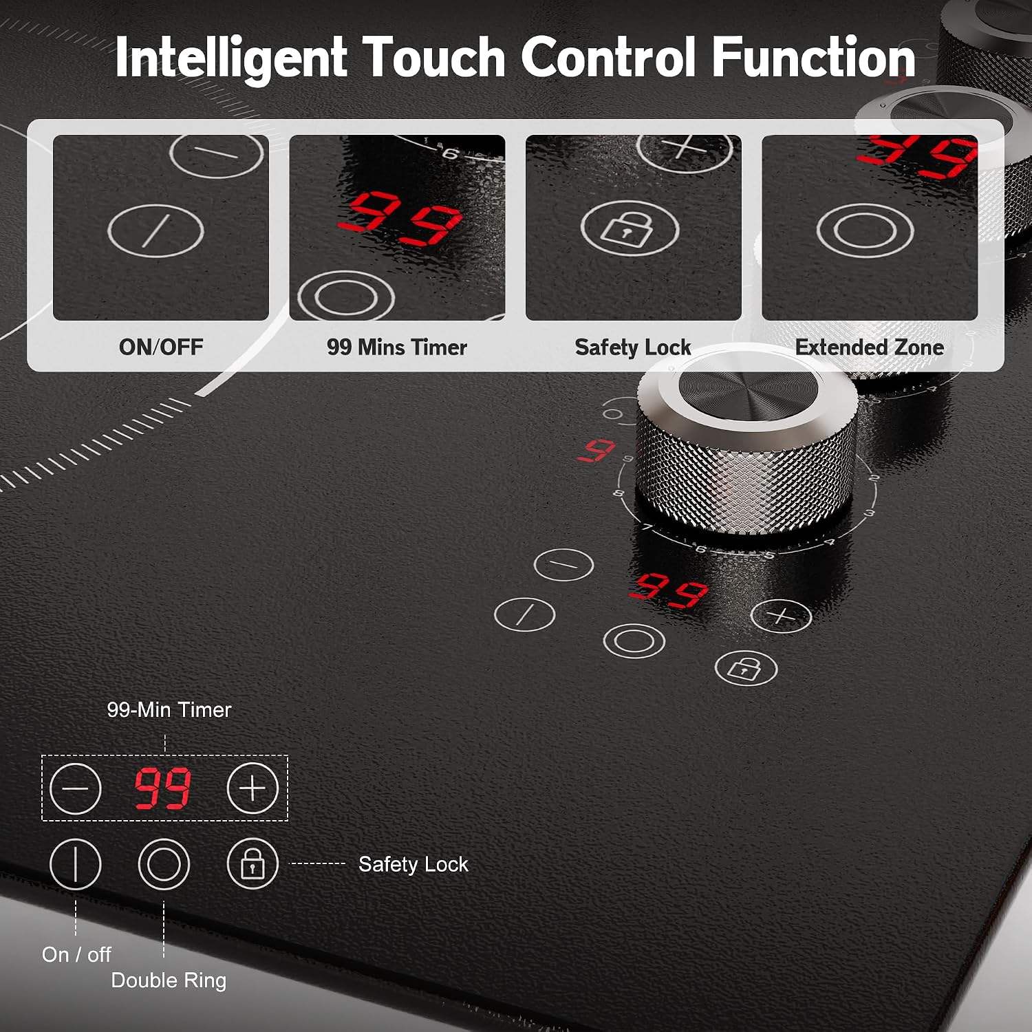 30 Inch Electric Cooktop 5 Burner Karienvir, 8600W Built-in Electric Stove Top, Cooktop 30' with Double-ring Burner, Knob & Touch Control, 9 Power Levels, Timer, Safety Lock, 220V-240V Hard Wire