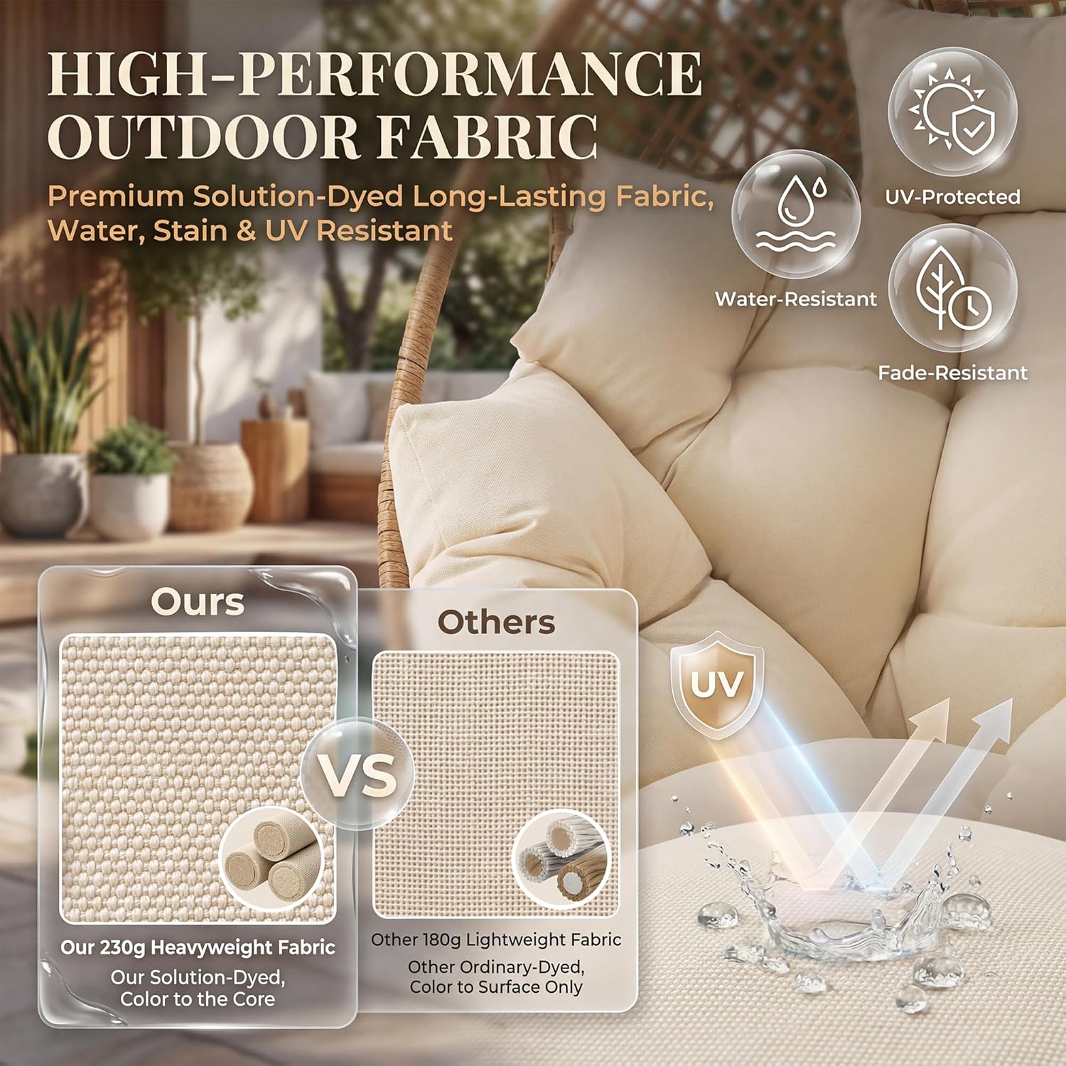 NICESOUL Wicker Indoor Outdoor Egg Chair, Comfortable Patio Egg Shaped Chair with Ottoman 440 lbs, Deep Seat Large Eggshell Lounge w/Footrest for Patio, Balcony, Deck, Living Room, Cream