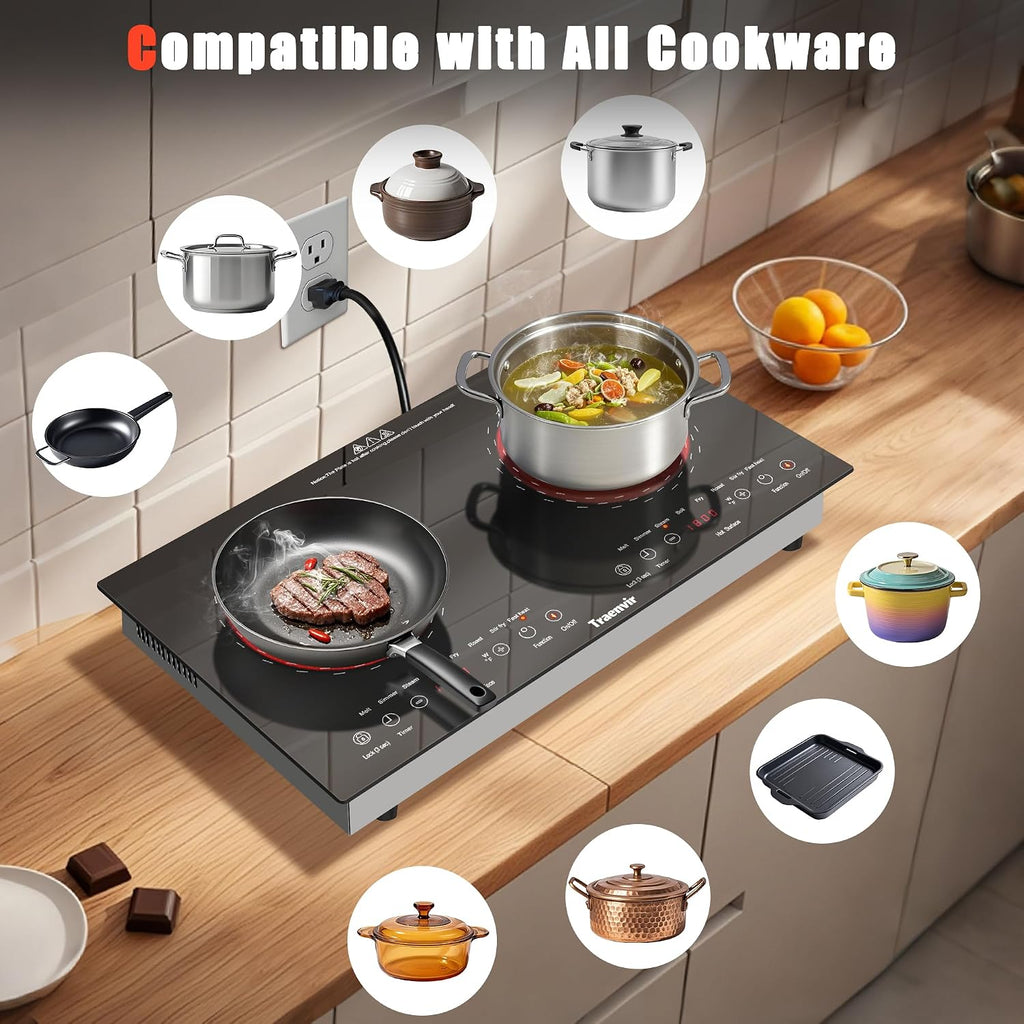 2 Burner Electric Cooktop, 24 Inch Countertop & Built-in Electric Stove 2000W, Portable Double Burner Ceramic Cooktop, Child Safety Lock, Timer, 8 Power Levels, 110V-120V Plug in