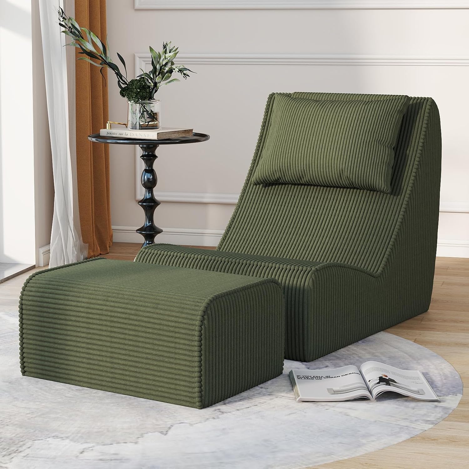 Giant Bean Bag Chair for Adults,Corduroy Chaise Lounge with Unrivaled Back Support, Detachable Neck Pillow, Comfortable Ottoman & Washable Cover for Living Room, Bedroom, Garden (Olive Green)