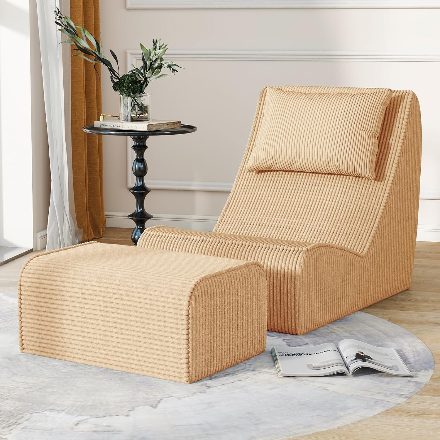 Giant Bean Bag Chair for Adults,Corduroy Chaise Lounge with Unrivaled Back Support, Detachable Neck Pillow, Comfortable Ottoman & Washable Cover for Living Room, Bedroom, Garden (Camel)