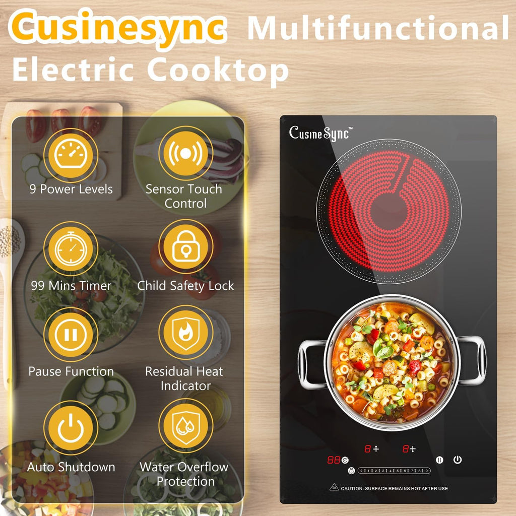 2 Burner Electric Cooktop, 110-120V Plug In Countertop Stove, Touch Control with 99-Min Timer, Child Lock & Auto Shutoff, 12 Inch Radiant Cooktop for Indoor Cooking