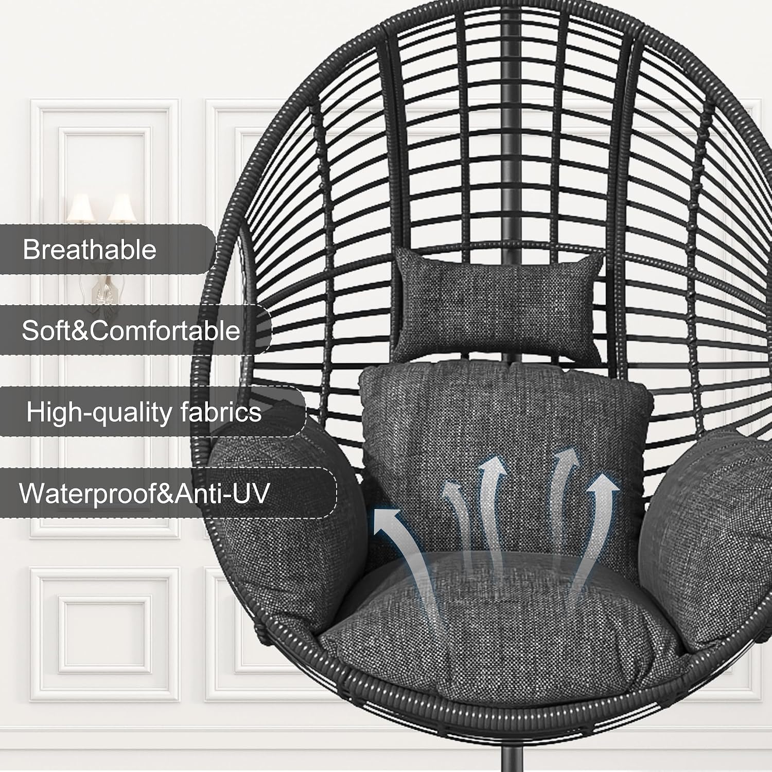 Oversized Hanging Egg Chair Outdoor Indoor, Wicker Swing Egg Chair with Stand 400lbs Capacity for Bedroom, Patio, Garden and Balcony (Black-Regular, Oversize)