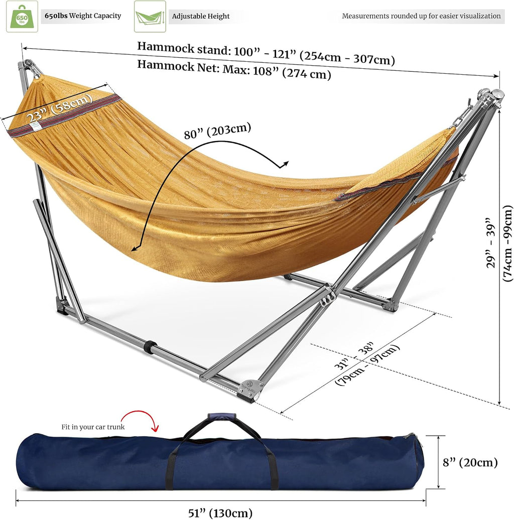 Tranquillo Double Hammock with Stand 650lb Capacity Double Hammock with Spreader Bar, Solid Grade 201 Stainless Steel 30s Set Up, Sturdy Flexible Hammock Stand Portable, Outdoor Indoor, Yellow