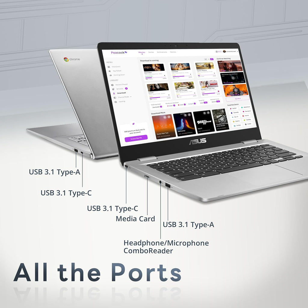 ASUS Chromebook CX1400 14' HD NanoEdge Laptop, Intel Celeron N3350 Processor, 4GB RAM, 32GB eMMC, Intel HD Graphics, 720p HD Camera, Wi-Fi, Bluetooth, Silver, Chrome OS (Renewed)
