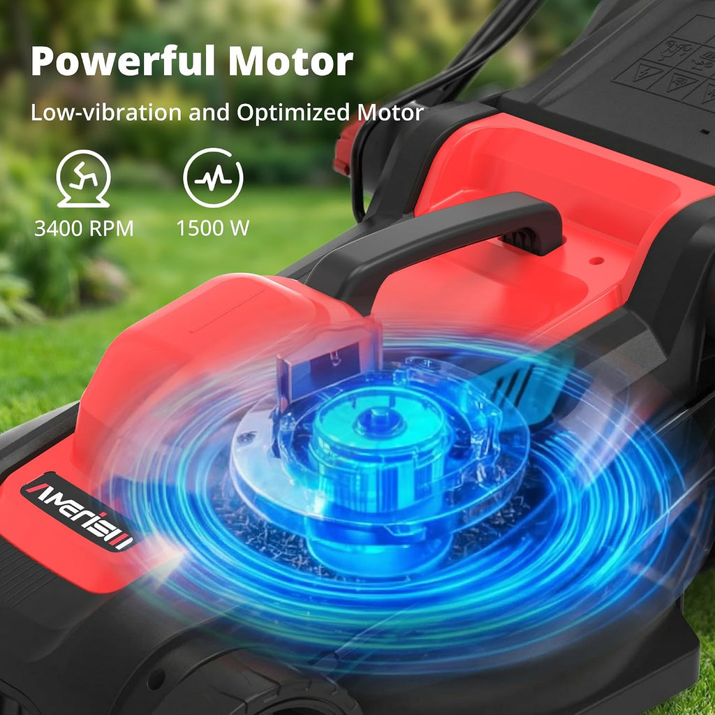 AMERISUN 14-Inch 2IN1 Electric Lawn Mower, 12.5 Amp 3400RPM Corded Push Mower with 6-Position Height Adjustment, 10-Gallon Grass Catcher & Mulching Kit, Lightweight Lawn Mower for Small/Medium Yards