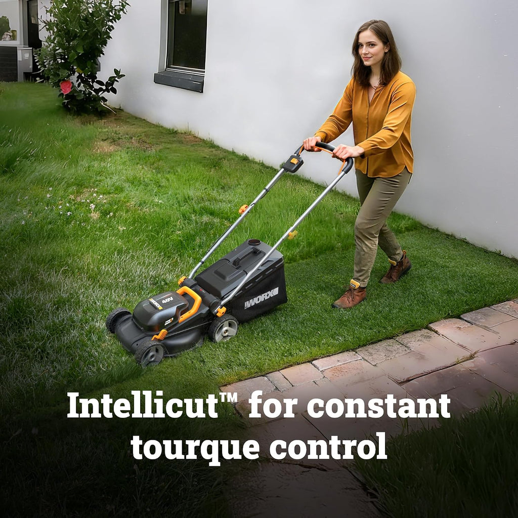 WORX Cordless Lawn Mower, 14' 40V Electric Mower with Brushless Motor, Lightweight 2 in 1 Push Lawn Mower with 6-Position Height Adjustment for Small Yards, 2 Batteries & Charger Included, WG735