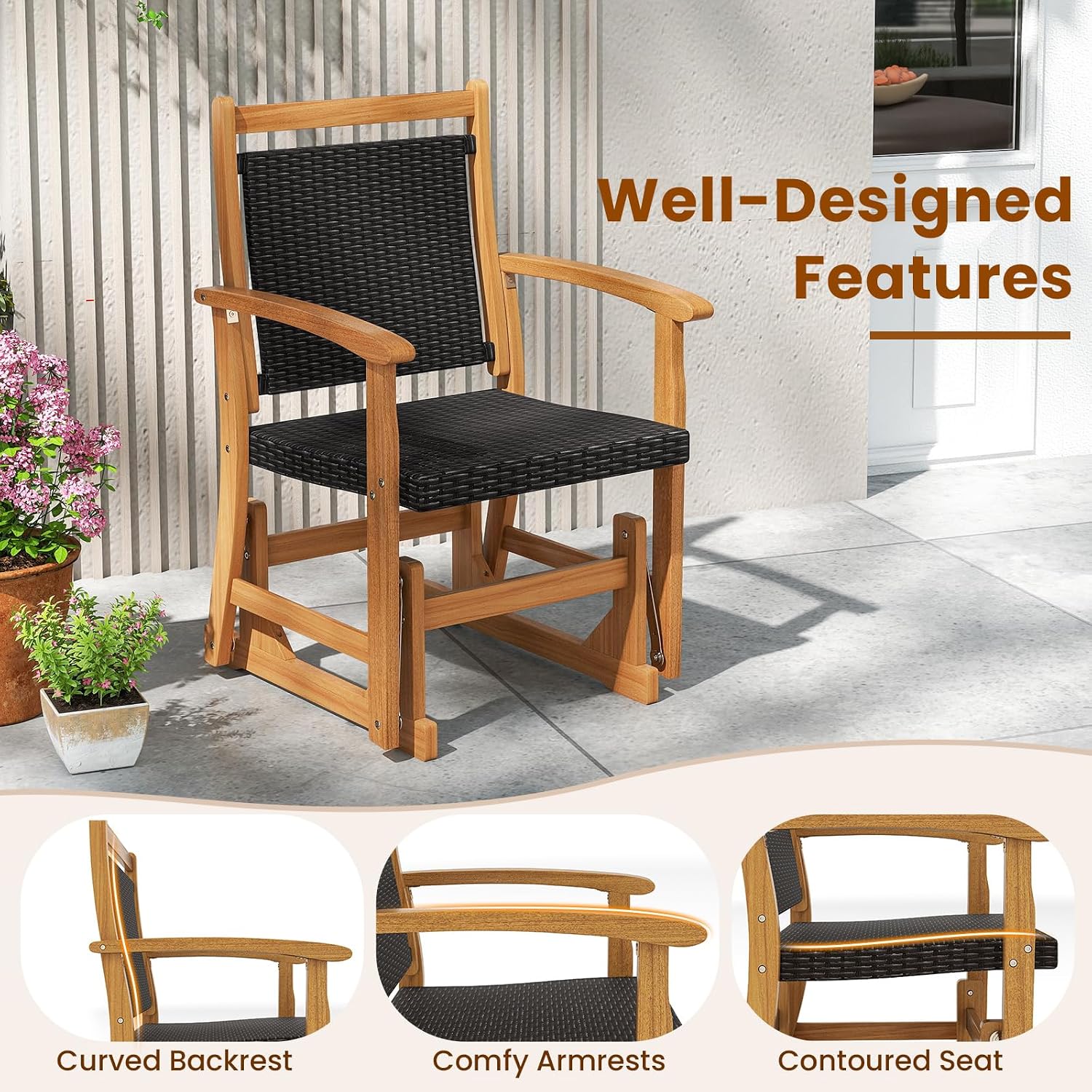 Tangkula Patio Rattan Glider Chair, Swing Gliding Rocker w/Acacia Wood Frame & Wicker Seat Back, Outdoor Rocking Armchair w/Curved Armrests for Porch, Backyard, Poolside (1 Seat-2 Pack)