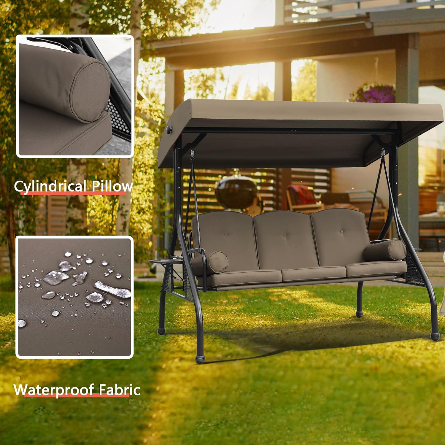 NOBLEMOOD Patio Porch Swing, 3-Seat Outdoor Swing with Adjustable Canopy, Waterproof Fabric Cushion, Pillow and Foldable Side Tray for Patio, Backyard, Porch Swing Bed for Spring