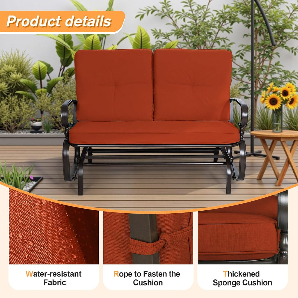 Incbruce Outdoor Glider Rocking Chair Patio Glider Bench for 2 Person, Porch Loveseat Seating Patio Steel Frame Chair Set with Cushion for Porch, Patio, Garden (Red)