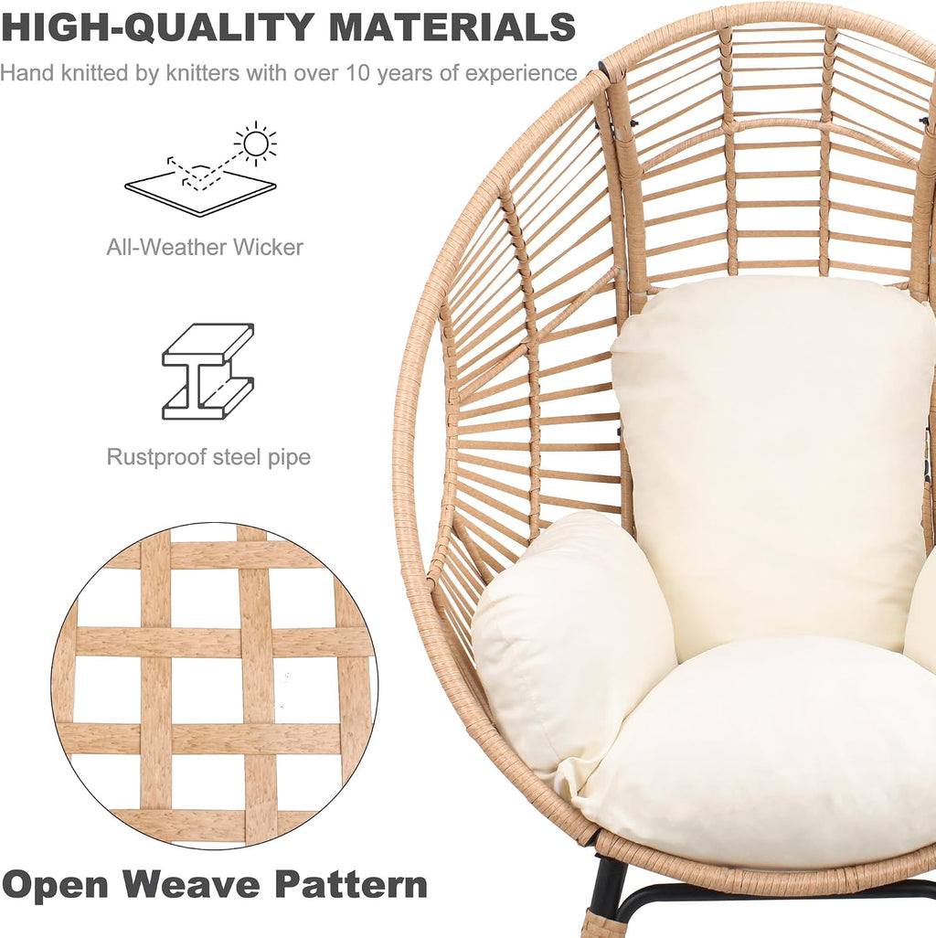 Oversized Wicker Egg-Chair Outdoor Indoor Rattan Patio Egg Lounge Chairs with Cushion 500lbs Capacity for Living Room, Balcony, Backyard(Beige)