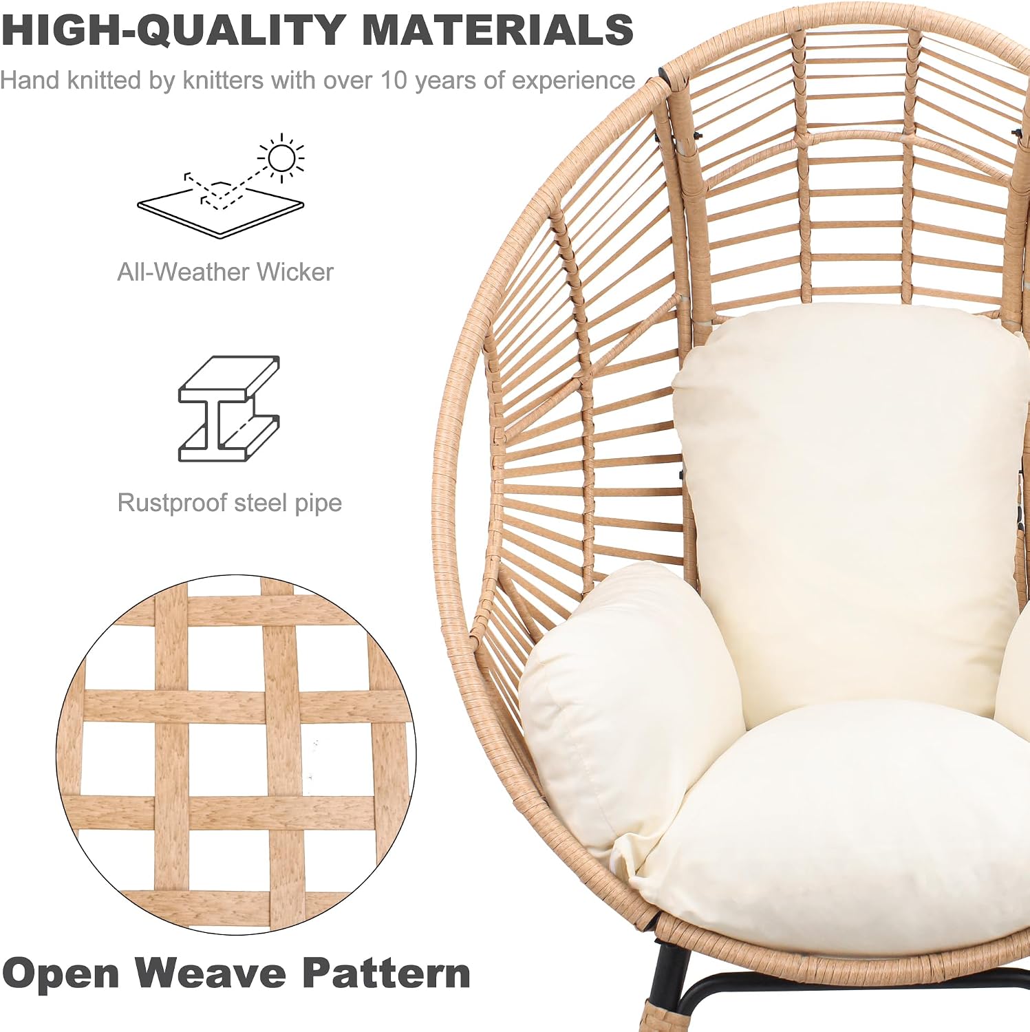 Oversized Wicker Egg-Chair Outdoor Indoor Rattan Patio Egg Lounge Chairs with Cushion 500lbs Capacity for Living Room, Balcony, Backyard(Beige)