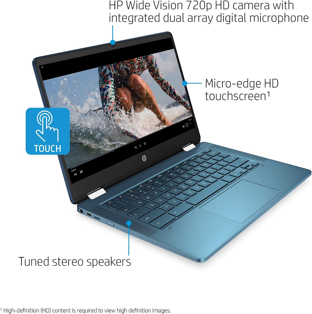 Laptop HP X360 14a Chromebook 14' HD Touchscreen, Entertaining from Any Angle Intel Celeron, 4GB LPDDR4 64GB eMMC WiFi Webcam Stereo Speakers Bluetooth 4.2 Chrome Blue Metallic Color (Renewed)