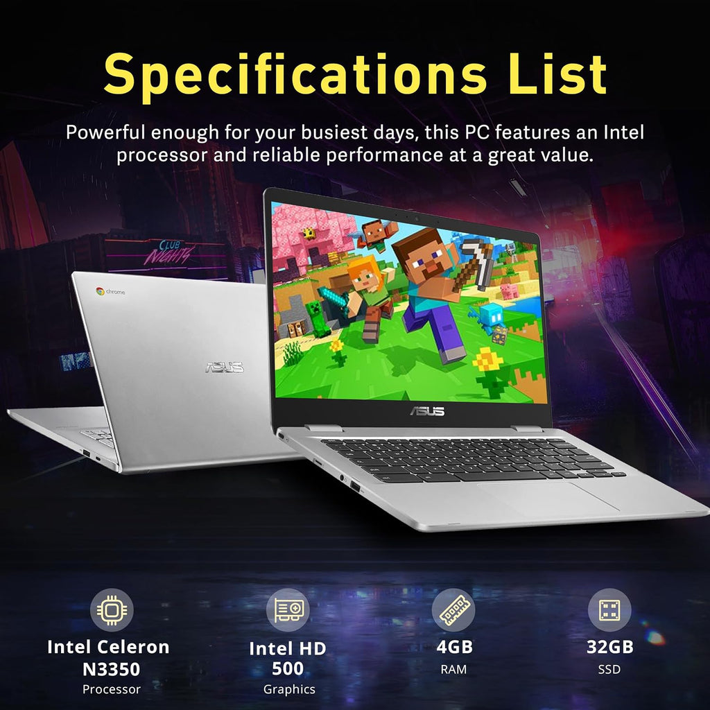 ASUS Chromebook 14' HD Laptop, Intel Celeron N3350 Processor, 4GB RAM, 32GB eMMC Flash Memory, Intel HD Graphics, HD Webcam, Stereo Speakers, Chrome OS, Silver (Renewed)