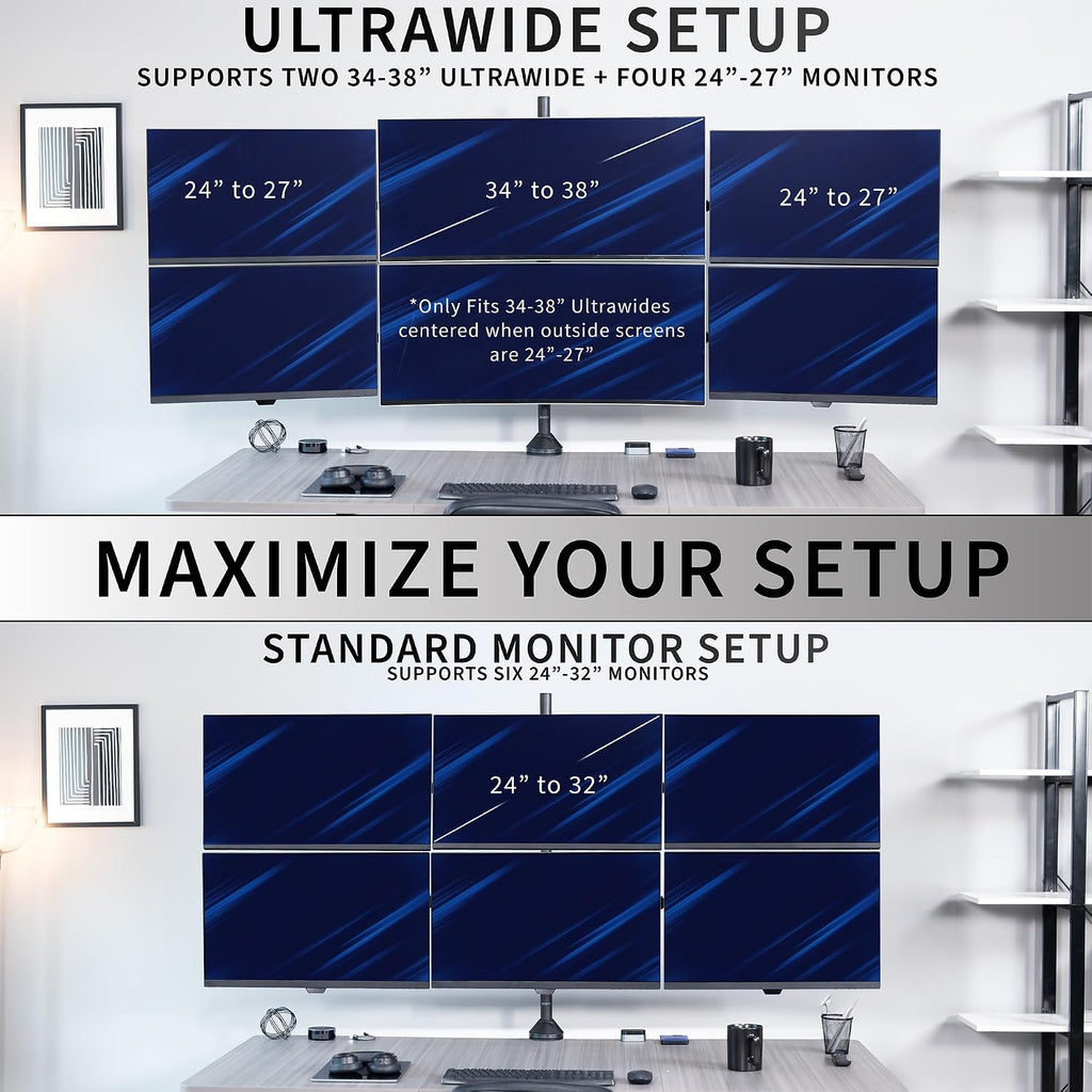 VIVO Premium Hex Ultra Wide LCD LED 27 to 38 inch Monitor Desk Mount, Heavy Duty C-clamp, Extra Tall Pole, Adjustable Telescoping Arms, Flush Wall Setup, Fits 6 Screens, Black, STAND-TS06C