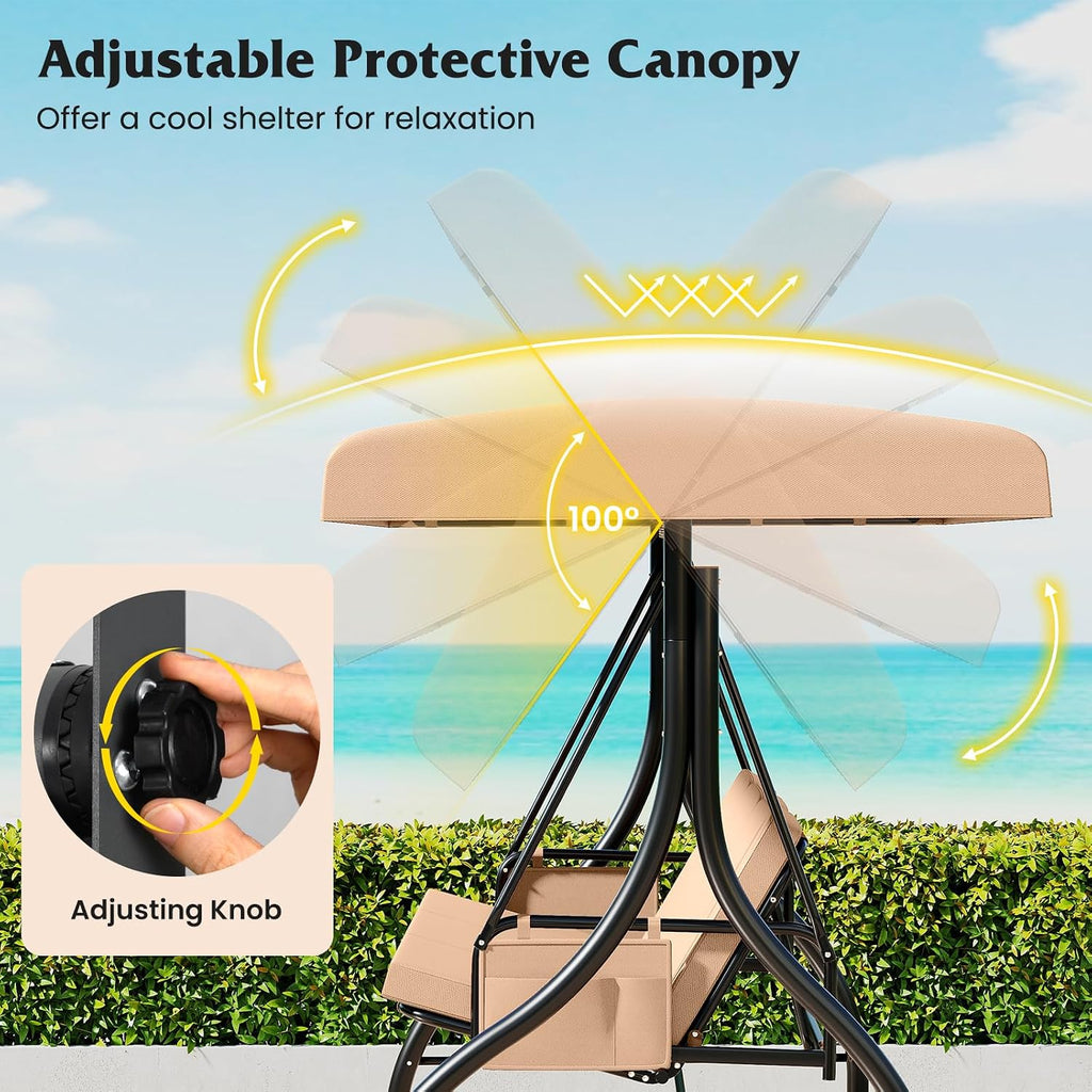 Tangkula 3 Person Porch Swing, 2-in-1 Convertible Outdoor Swing with Adjustable Canopy, Removable Cushions, Metal Frame, Side Pockets for Backyard, Garden, Porch (Beige)