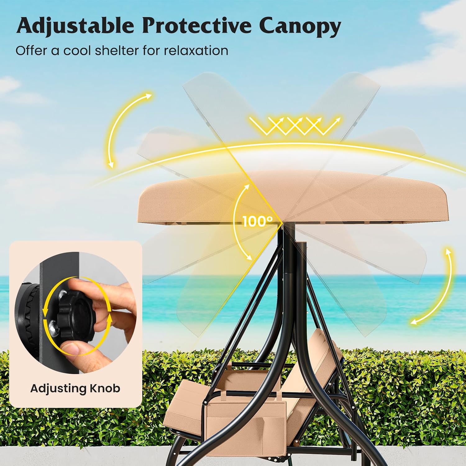 Tangkula 3 Person Porch Swing, 2-in-1 Convertible Outdoor Swing with Adjustable Canopy, Removable Cushions, Metal Frame, Side Pockets for Backyard, Garden, Porch (Beige)
