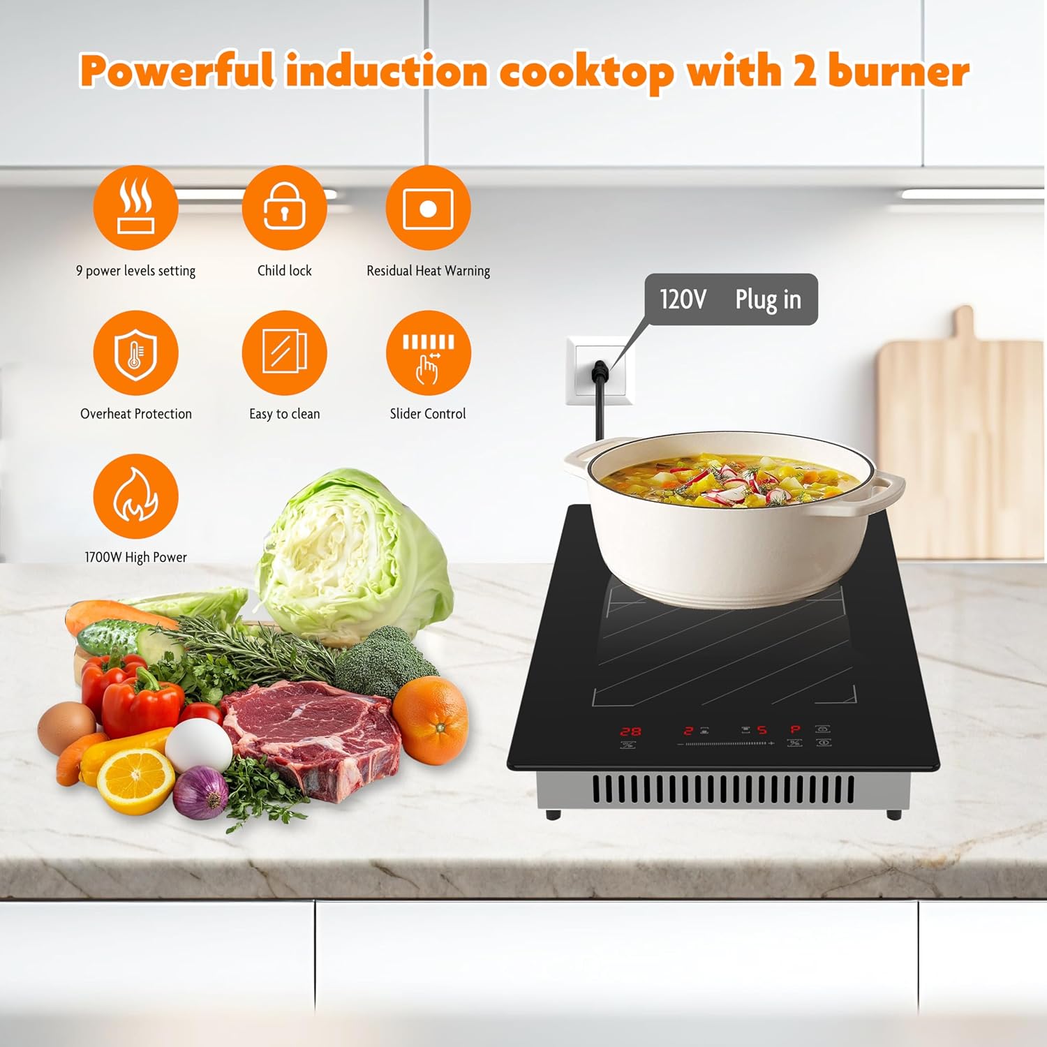 12 Inch Induction Cooktop 2 Burners, 1700W Built-in & Countertop Electric Stove with Plug, Slide Control, 9 Power Levels, Timer & Child Lock, 120V for Fast Heating