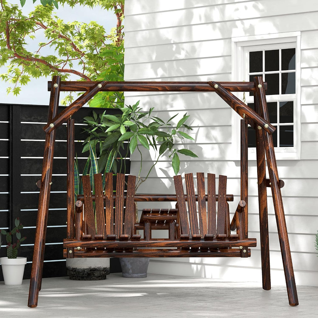 Outsunny Wooden Porch Swing with Stand, 2-Seat Patio Swing Chair with Center Table, for Garden, Poolside, Backyard