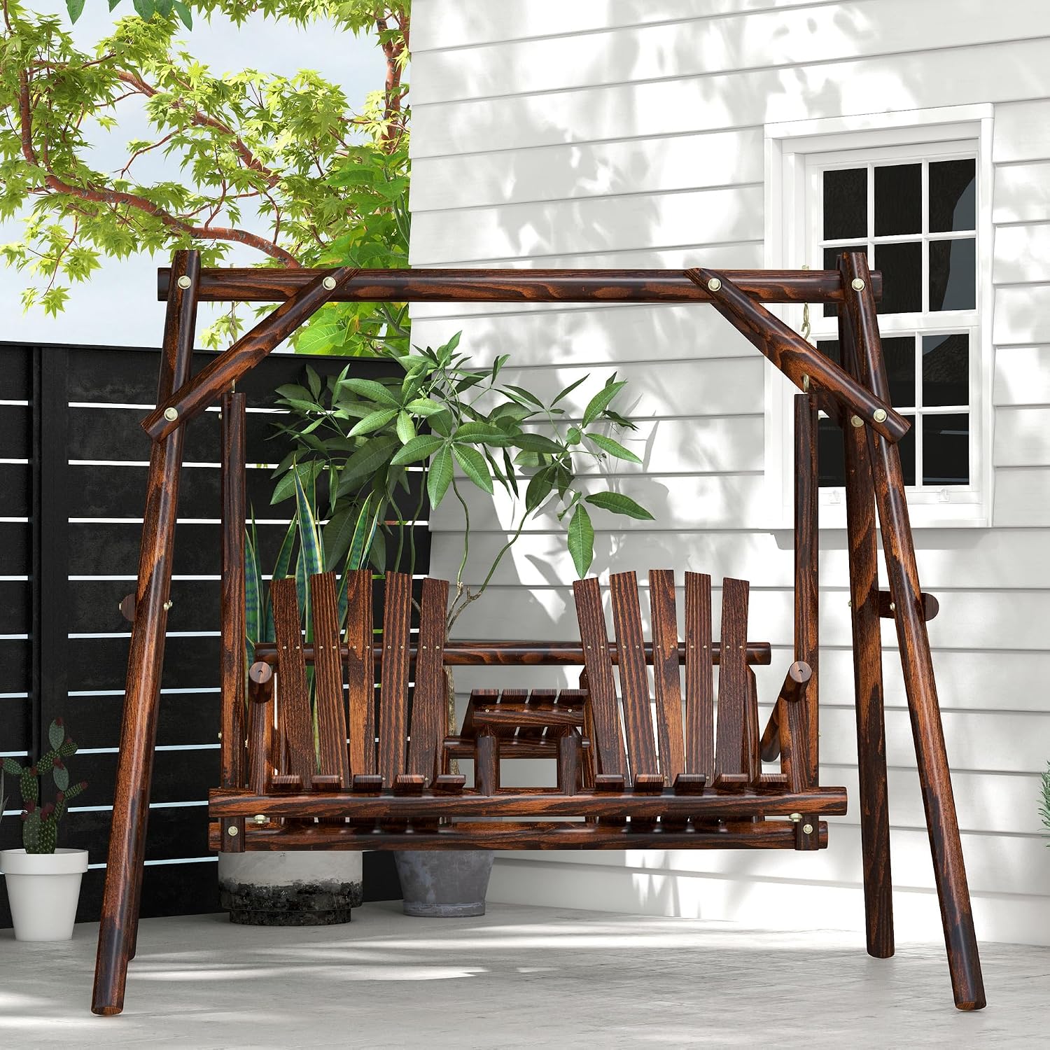 Outsunny Wooden Porch Swing with Stand, 2-Seat Patio Swing Chair with Center Table, for Garden, Poolside, Backyard