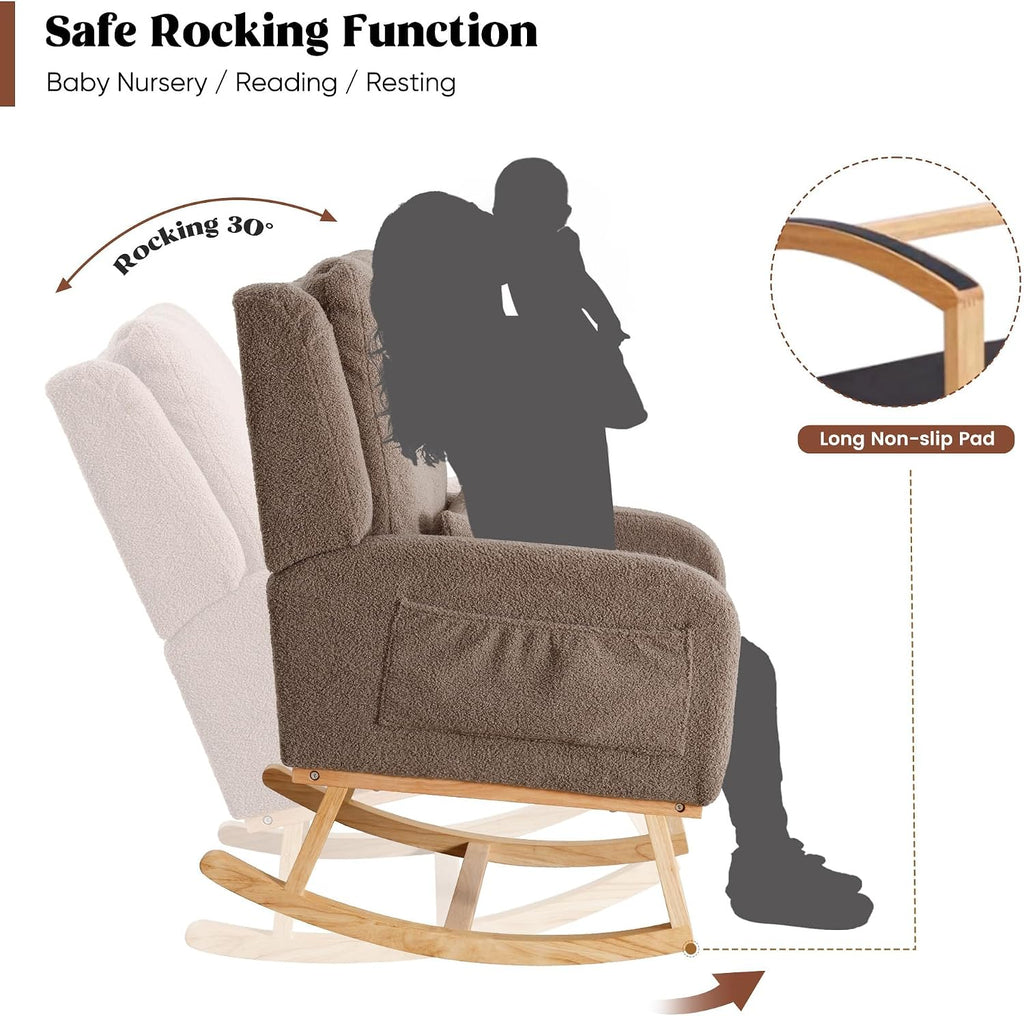 HCHAIRH Rocking Chair Nursery, Teddy Nursing Rocking Chairs, Upholstered Nursery Glider Rocker Wingback Morden Rocking Chair with Lumbar Pillow for Mom Nursery, Living Room, Bedroom, Coffee