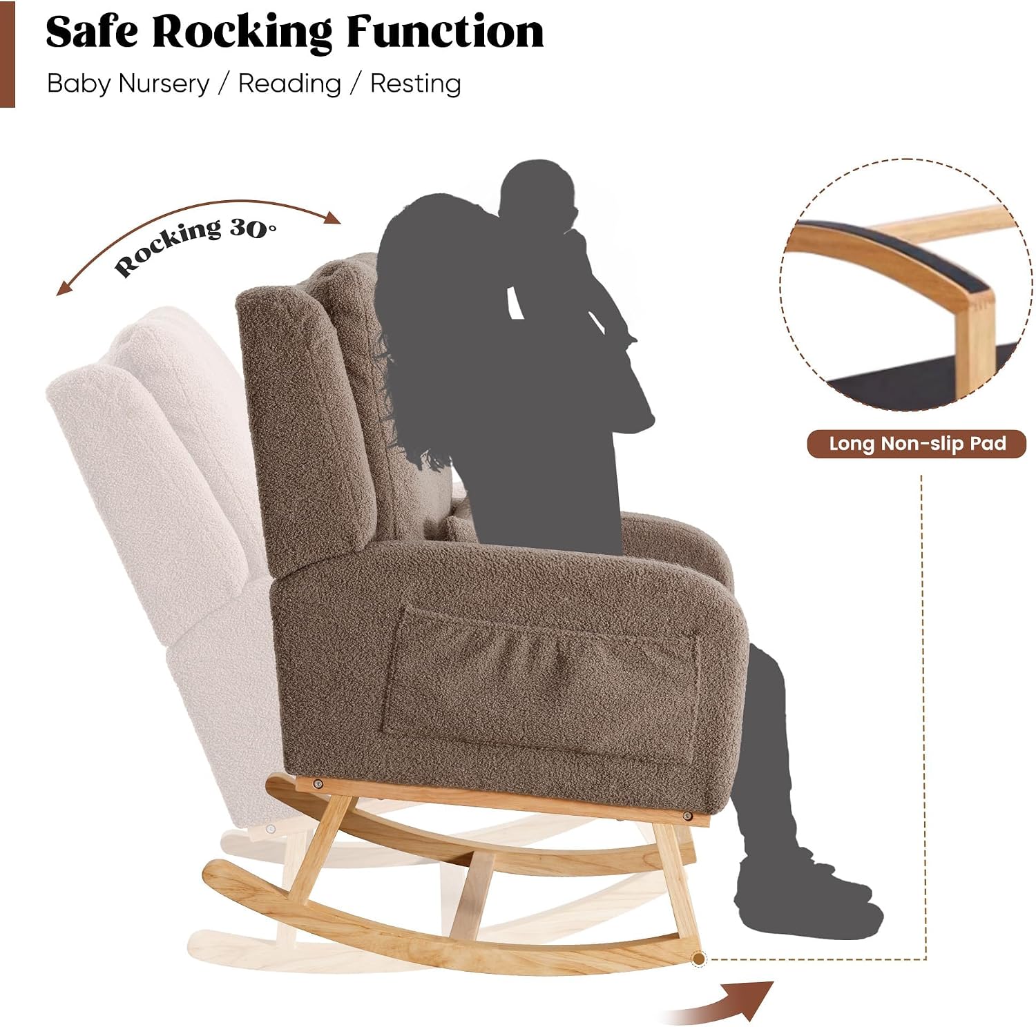 HCHAIRH Rocking Chair Nursery, Teddy Nursing Rocking Chairs, Upholstered Nursery Glider Rocker Wingback Morden Rocking Chair with Lumbar Pillow for Mom Nursery, Living Room, Bedroom, Coffee
