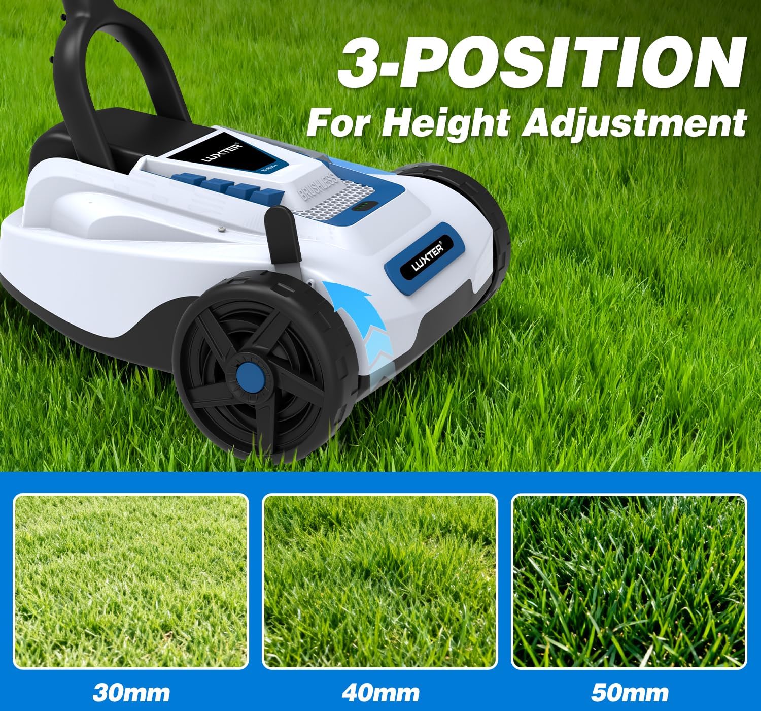 LUXTER 9 Inch Cordless Lawn Mower 6000RPM Brushless Motor 3 Adjustable Cutting Heights (1.5'-2.3') Electric Grass Trimmer 20V 4.0Ah Battery & Charger Mini Lawn Mower for Garden Yard Work and Lawn Care