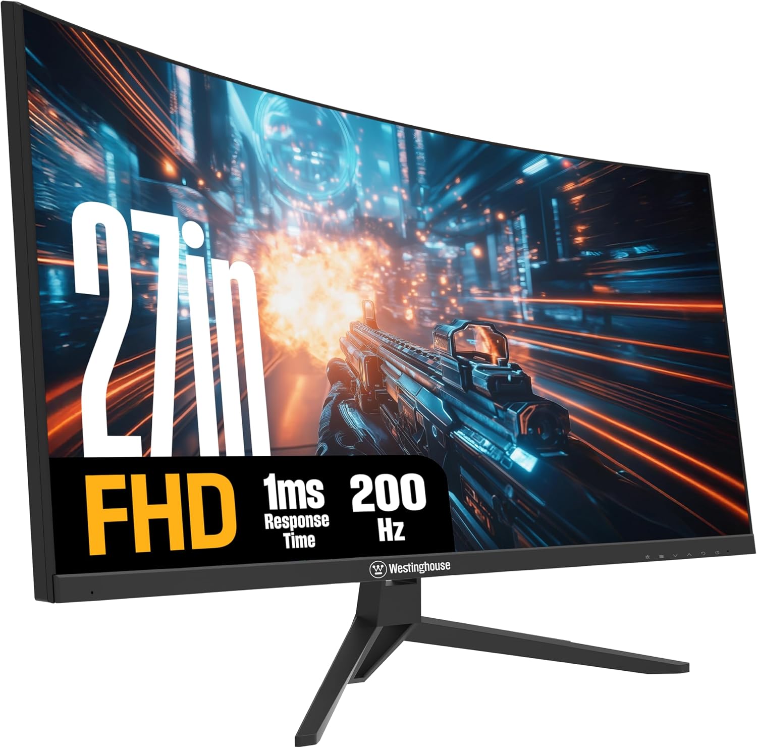 Westinghouse 27 Inch Curved Gaming Monitor, 200Hz, 1ms, FHD 1080P, 3000:1 Contrast Ratio, 118% sRGB, 1500R, AMD FreeSync, Eyecare, for PC Games with Built-in Speakers, DisplayPort, HDMIx2-Black