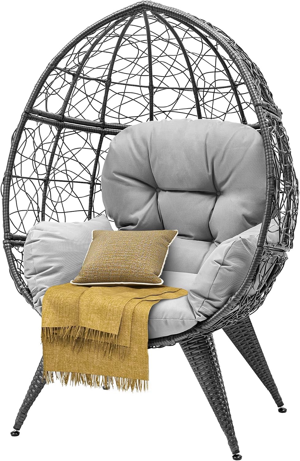 DWVO Oversized Egg Chair with Stand Rattan Outdoor Chairs, Large Lounger Chair with Cushion, Adjustable Leveling Feet, Egg Chair Indoor for Bedroom, Living Room, Outdoor Backyard, Patio, Garden, Grey