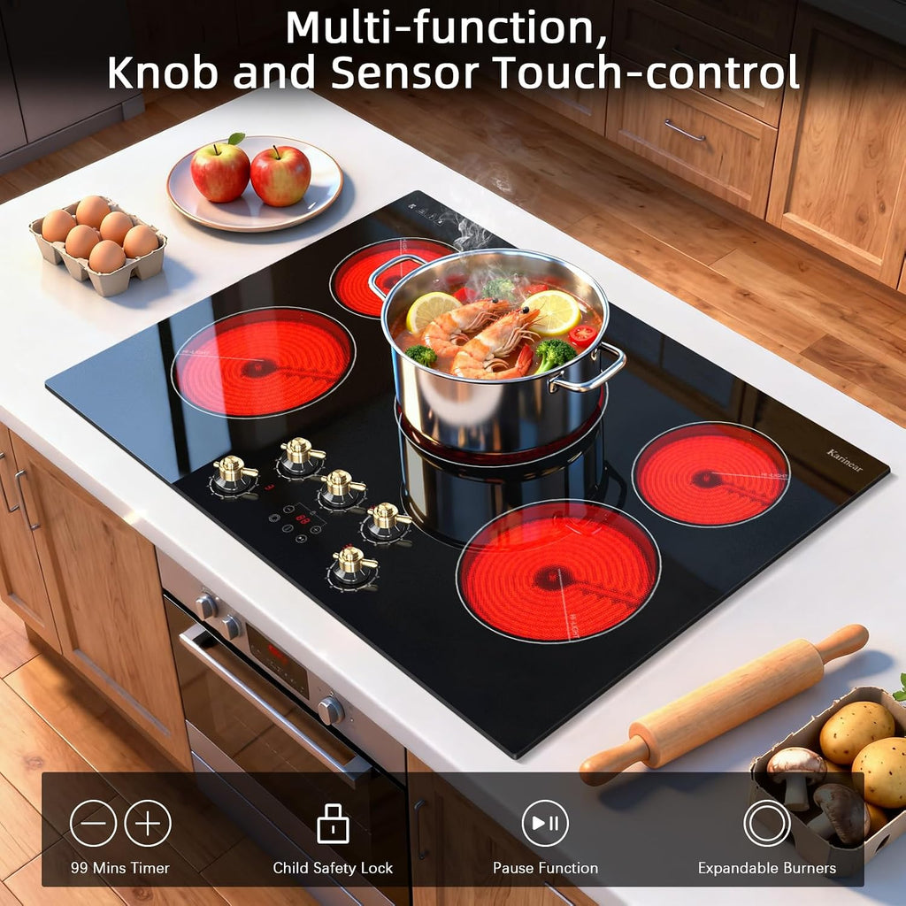 Karinear Electric Cooktop 30 Inch, 5 Burner Radiant Cooktop with Knob & Touch Control, 8500W 240V Built-in Stove Top, 9 Power Levels, Timer, Child Lock, Pause, Residual Heat Indicator(Gold Knob)