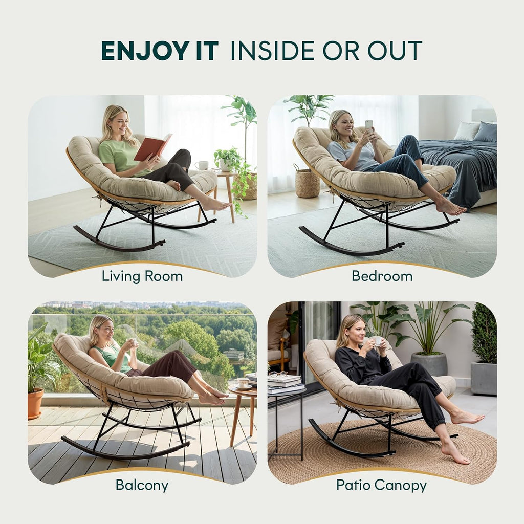 Bme Patio Rocking Chair Outdoor & Indoor, Metal Patio Lounge Rocking Chair with Thick Cushion, Comfy Modern Rocker Chair for Living Room, Porch, Backyard, Beige Cushion - Black Matte Rocker