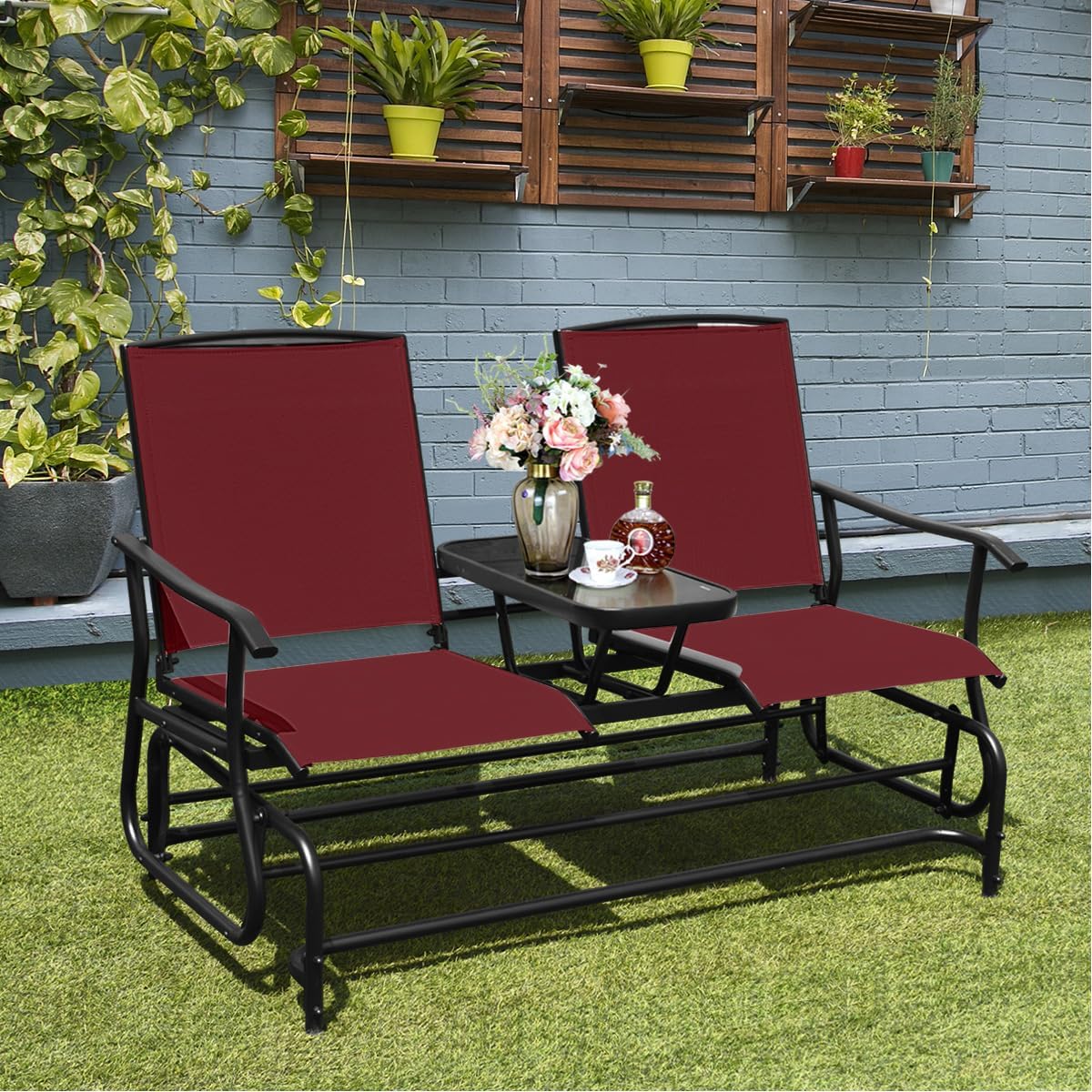 Giantex Outdoor Glider, Rocking Chair with Metal Frame, Center Tempered Glass Table, 2-Person Loveseat, Patio Glider Bench, Outside Swing Chair for Garden Yard Lawn Porch Patio Rocker (Burgundy)
