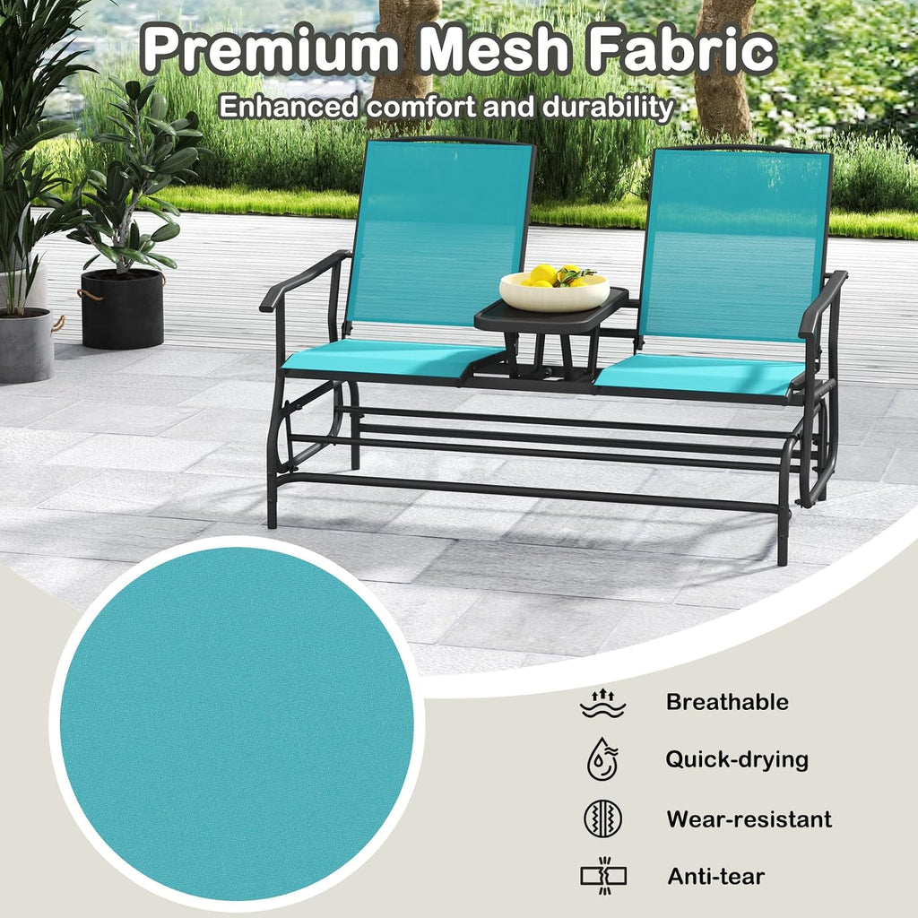 Tangkula 2 Person Swing Glider Chair, Patio Rocking Loveseat w/Center Tempered Glass Table, Outdoor Swing Bench w/Steel Frame & Breathable Mesh Fabric for Porch, Balcony, Poolside (Turquoise)