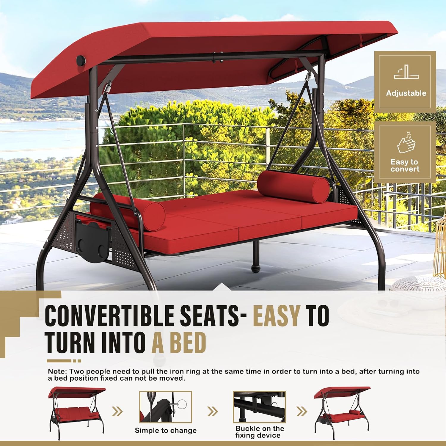 Betterland 3-Seat Patio Swing Chair, Outdoor Porch Swing with Pillows, Cushions & Cup Holders, Adjustable Canopy Outside Bench Swing for Backyard, Porch, Garden(Red)