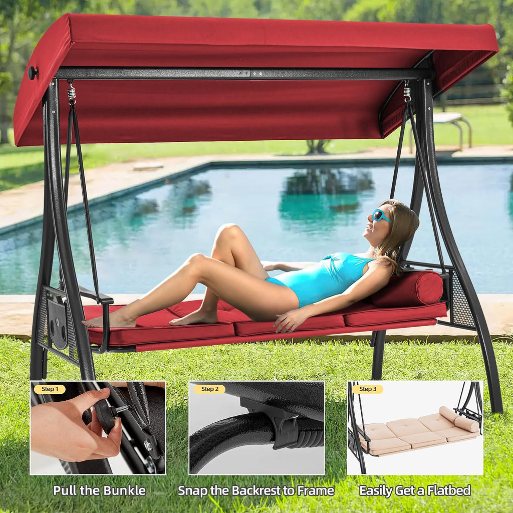 HOMREST 3 Seat Outdoor Porch Swing with 1.5' Deepened Cup Holder, Adjustable Canopy, Patio Swing Bed with Stand, Patio Glider Swing with Thicken Cushions, Pillow for Yard, Garden(Wine Red)