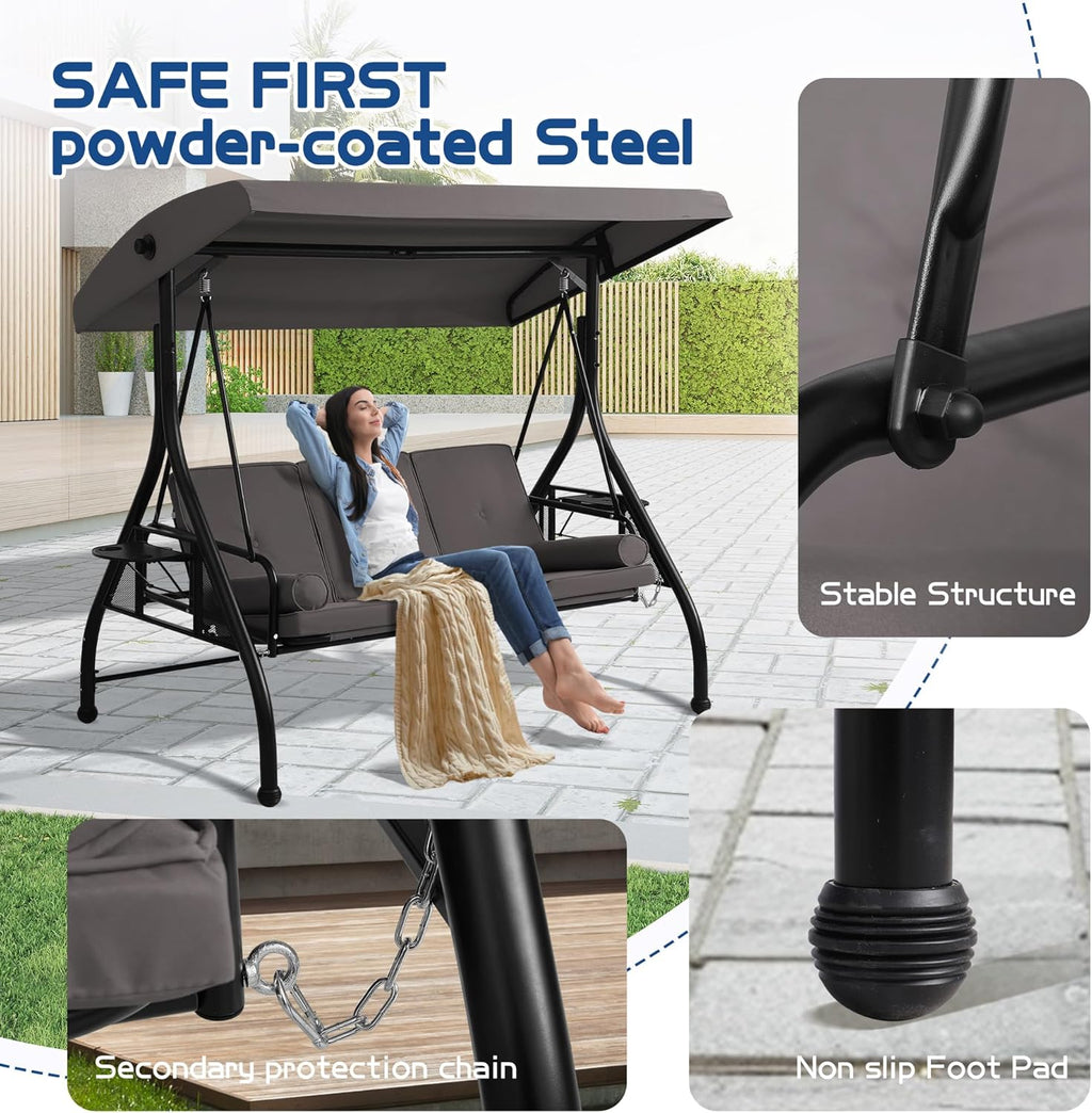 Patio Porch Swings with Adjustable Canopy - 3 Seat Outdoor Porch Swing Glider Bench with Stand, Heavy Duty Swing Bed W/Cushions Pillows and Cup Holder for Backyard Garden Lawn Poolside (Gray)