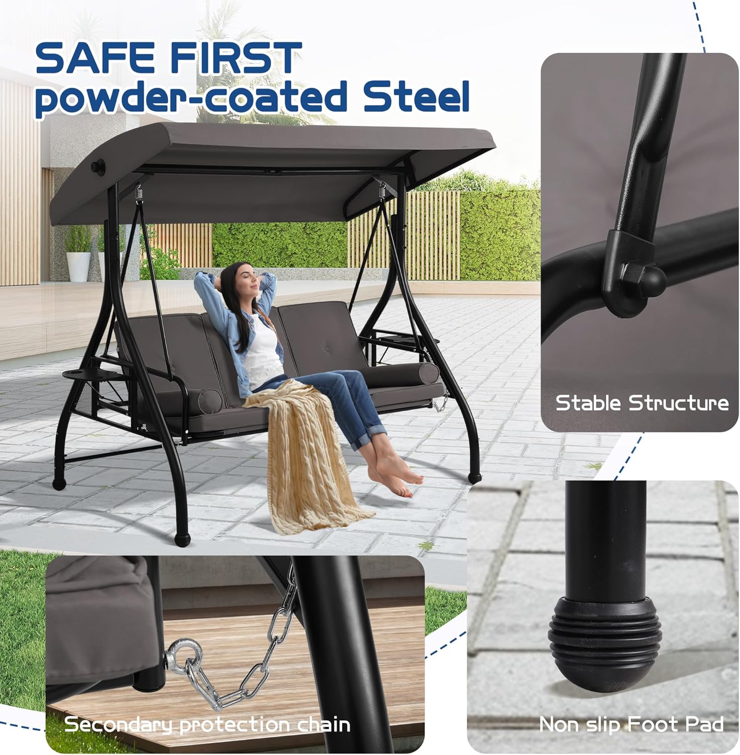 Patio Porch Swings with Adjustable Canopy - 3 Seat Outdoor Porch Swing Glider Bench with Stand, Heavy Duty Swing Bed W/Cushions Pillows and Cup Holder for Backyard Garden Lawn Poolside (Gray)